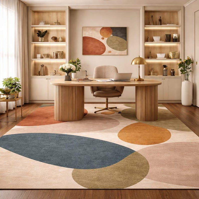 Handmade abstract wool rug with scalloped edges featuring organic shapes in rust, beige, ivory, grey, and charcoal tones on wooden floor in modern living room setting