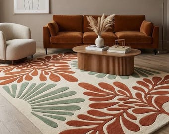 Handmade Floral Area Rug, Terracotta & Sage Green Botanical Rug, Cream Tufted Rug, Modern Organic Home Decor