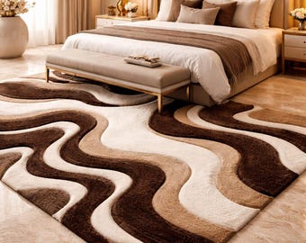 Handmade Brown Cream Abstract Wool Rug, Tufted Modern Wave Area Rug, Neutral Scandinavian Living Room Carpet Decor