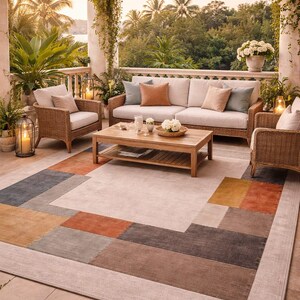 Ręcznie tkany wełniany dywan patchworkowy, nowoczesny dywan w geometryczne bloki kolorów, dywan w odcieniach ziemi, abstrakcyjny dywan do salonu