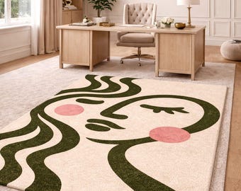 Hand Tufted Abstract Face Rug Cream Green Pink Modern Art Carpet Minimalist Portrait Area Rug Handmade Wool Designer Rug