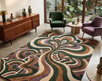 Hand Tufted Abstract Swirl Rug, Modern Organic Area Rug, Green Brown Cream Lavender Statement Carpet, Contemporary Floor Decor