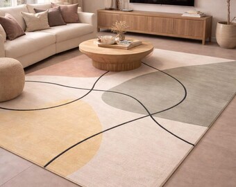 Modern Abstract Handmade Rug, Neutral Geometric Line Design, Beige Sage Mustard Area Rug, Minimalist Soft Wool Carpet