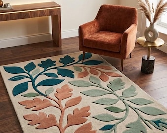 Handmade Botanical Area Rug, Hand Tufted Floral Wool Rug, Teal Sage Terracotta Leaf Carpet, Organic Modern Home Decor