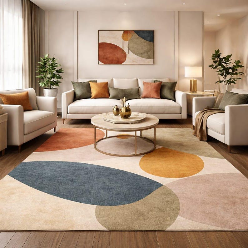 Handmade abstract wool rug with scalloped edges featuring organic shapes in rust, beige, ivory, grey, and charcoal tones on wooden floor in modern living room setting