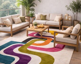 Hand Tufted Wool Rug, Colorful Abstract Curved Lines Carpet, Modern Multicolor Area Rug, Contemporary Living Room Statement Rug