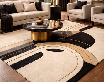 Hand Tufted Wool Rug Modern Abstract Beige Black Geometric Carpet Plush Minimalist Area Rug Living Room Decor