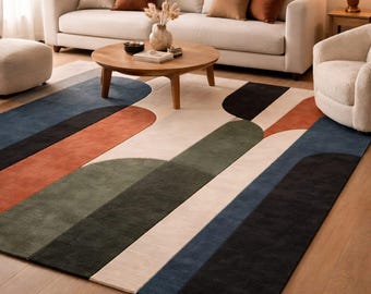 Modern Abstract Hallway Runner Rug, Hand Tufted Wool Carpet, Geometric Color Block Rug, Contemporary Long Runner