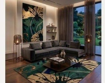 Handmade Emerald Abstract Wool Rug, Modern Botanical Area Rug, Beige Green Artistic Carpet, Luxury Tufted Statement