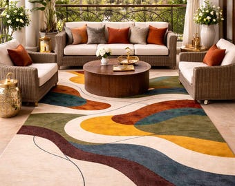 Hand Tufted Wool Abstract Rug Modern Organic Waves Carpet Earth Tone Area Rug Beige Blue Rust Green Designer Floor Rug