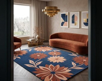 Navy Blue Floral Wool Rug, Hand Tufted Flower Area Rug, Terracotta & Cream Botanical Carpet, Modern Vintage Statement Rug