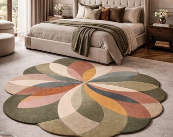 Hand Tufted Floral Round Rug, Multicolor Petal Design Carpet, Wool Area Rug, Modern Boho Statement Rug, Scalloped Edge Floor Decor