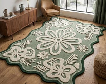 Sage Green Floral Wool Rug, Hand Tufted Botanical Area Rug, Cream Flower Rug, Scalloped Edge Modern Cottage Carpet