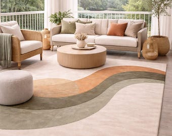 Hand Tufted Wool Rug, Abstract Wave Design Beige Terracotta Sage Green, Modern Minimalist Area Rug, Soft Plush Carpet