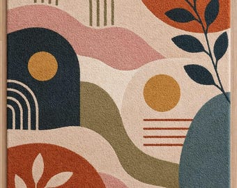 Hand Tufted Wool Rug Abstract Botanical Geometric Carpet, Earth Tone Modern Boho Area Rug for Living Room Bedroom Decor