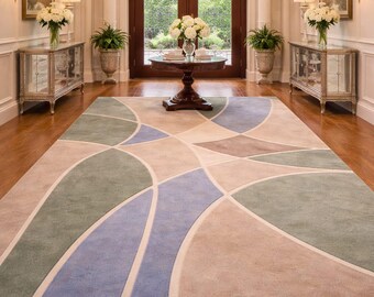 Hand Tufted Wool Rug Abstract Geometric Beige Sage Blue Modern Area Carpet Soft Luxury Living Room Bedroom Rug