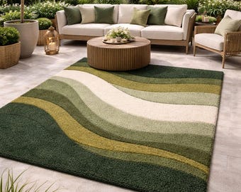 Handmade Green Wave Rug, Tufted Abstract Area Rug, Modern Wavy Carpet, Soft Plush Floor Rug, Custom Living Room Rug