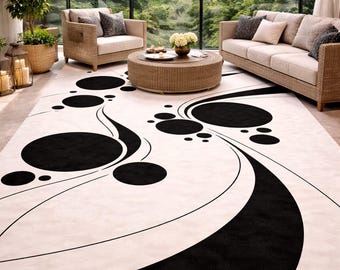 Hand Tufted Wool Rug Black White Abstract Circle Design Modern Minimalist Area Rug Soft Geometric Contemporary Carpet