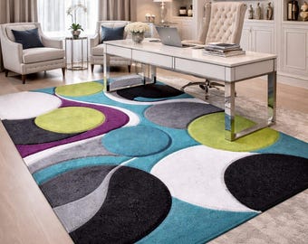 Hand Tufted Wool Rug, Modern Abstract Circle Design, Teal Black Gray Lime Geometric Area Rug, Contemporary Soft Carpet