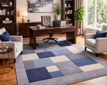 Blue Patchwork Wool Rug, Modern Geometric Block Area Rug, Handwoven Gray Beige Contemporary Carpet, Soft Textured Floor Rug