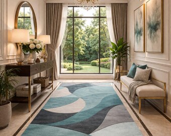 Modern Teal Abstract Wool Rug, Handwoven Geometric Area Rug, Soft Blue Gray Contemporary Carpet, Luxury Living Room Floor Rug