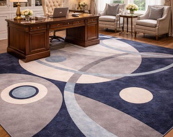 Hand Tufted Wool Rug Blue Beige Abstract Modern Carpet, Geometric Circle Pattern Area Rug for Living Room Bedroom Decor