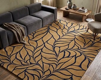 Mustard Navy Botanical Leaf Rug, Hand Tufted Wool Area Rug, Modern Organic Abstract Rug, Statement Living Room Carpet