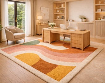 Hand Tufted Wool Abstract Rug, Retro Wave Geometric Area Carpet, Peach Green Mustard Modern Plush Living Room Rug