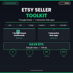 Etsy Seller Toolkit | 14 Spreadsheets and Web Apps | Fees, SEO, Pricing, Revenue