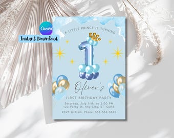 Modèle d'invitation pour le premier anniversaire du Petit Prince, invitation à une fête bleu roi (téléchargement numérique), toile