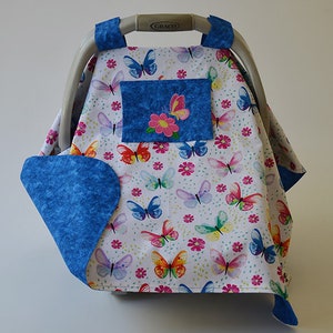 Butterfly Baby Car Seat Cover, READY TO SHIP, Colorful Butterfly Baby Car Seat Canopy, Peek a Boo Window, Gift for Baby Girl, Newborn Baby