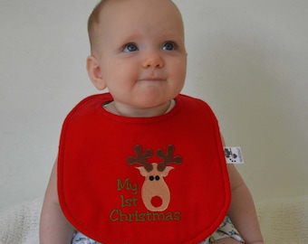My First Christmas Baby Bib, Reindeer, Baby Gift, Machine Embroidery, Toddler Bib, Baby Shower Gift, Red Flannel, Christmas Bib, Baby Bib