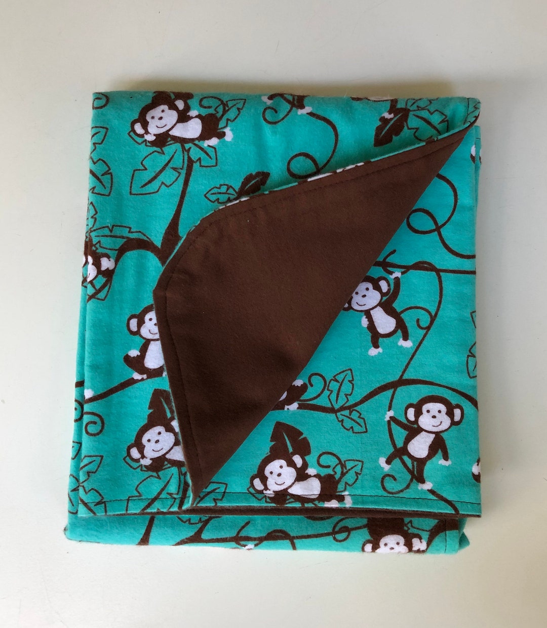 Monkeys Baby Blanket, Cozy Flannel, READY TO SHIP, Teal, Brown, Medium