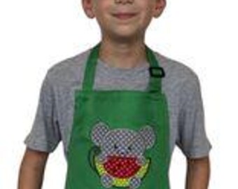 Apron for Kids, Mouse with Watermelon, Machine Applique, Adjustable Green Apron, Apron, Gift for Boy/Girl, Cooking Apron, Arts/Crafts Gift