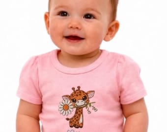 Baby Girl Pink Outfit, Machine Embroidered Cute Giraffe, One Piece Romper, Sizes 3-12 Months, Gift for Baby Shower, Soft Combed Cotton