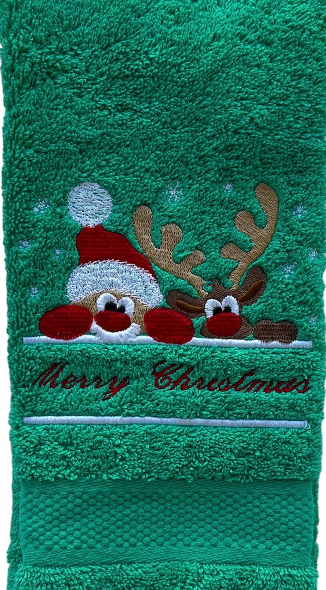 Christmas Hand Towel, Santa and Reindeer, Soft Green Towel, Gifts for Boys, Gifts for Girls