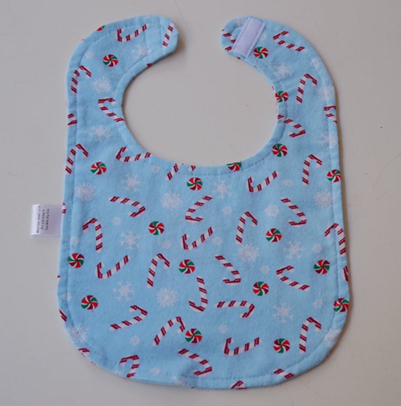 Snowman Dress Up Bib Blue Flannel Fabric Candy Canes Peppermint Christmas Toddler Baby Gift Baby Shower Flannel backing Absorable Reversible
