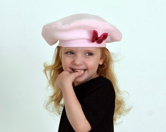 Girls French Beret, Butterfly Pin, NB to 9 Years, Choose Color, Gift for Girls, Photo Prop, Outer Wear, Girls Beanie, Fleece Hat, Easter Hat