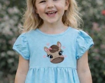 Blue Toddler Dress with Adorable Machine Embroidered Cow, Flutter sleeves, Ruffle at Bottom, Sizes 2-5.