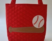 Kids Tote Bag Large Red Quilted Machine Applique Baseball Softball Lined Book Bag ToyBag Gymnastics Bag Art Bag Lined Handbag Purse