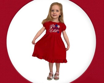 Little Girls Patriotic Dress, Red Knit Ruffled Dress, Sizes 2, 3, 4 and 5, Machine Embroidery, Star Spangled Cutie, Gift for Girls, July 4th