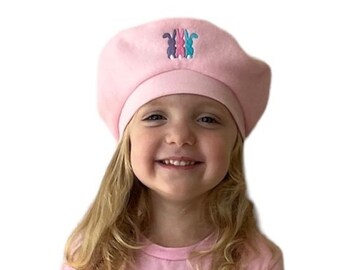 Girl's Easter French Beret, Bunny Machine Design, NB - 10 years, CHOOSE COLOR, Outer Wear, Kids Hat, Kids Beanie, Photo Prop, Gift for Girls