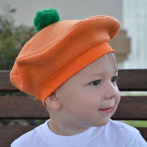 Pumpkin Hat Kids Orange Green Pom Pom Halloween Costume Artist Hat Outer Wear Orange Fleece Photo Prop Toddler Winter Kids Hat Baby Hat