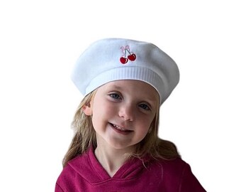French Beret for Kids, Heart Shaped Cherries, Newborn - 9 Years, Machine Embroidered Design, Baby Beanie, Fleece Outer Wear, Photo Prop
