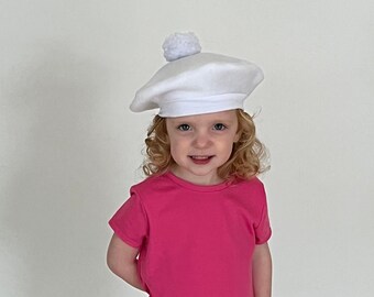Girl's White French Beret, New Born to 9 years, Fleece Beanie with Pom Pom, Outer Wear, Kids Hats, Childs Beanie, Photo Prop, Gift for Girls
