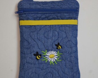 Denim Crossbody Bag for Young Girls/Teen Girls/Ladies, Embroidered Daisy/Bees Shoulder bag, Lined Quilted Purse, Zipper Pocket, Outer Pocket