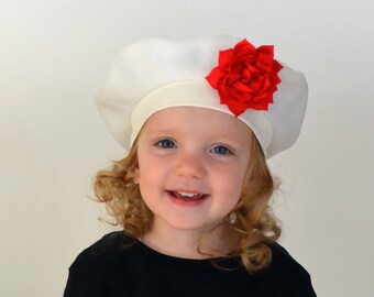 Girl's Fleece French Beret, Red Flower Pin, Christmas Hat, Kids Beanie, Winter Wear, Photo Prop, Baby, Toddler, Child's Hat, Gift for Girls