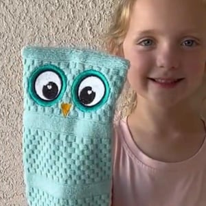 May include: A light blue hand towel shaped like an owl, featuring a textured woven pattern, two large embroidered eyes with white and black pupils, and a small yellow triangular beak centered below the eyes.