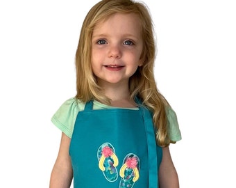 Little Girl Apron, Teal with Flip Flop Design, Kids Apron, Age 2-10, Painting Party, Cooking, Art/Craft Time, Machine Embroidered