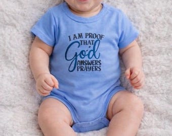 Baby Boy One Piece Outfit, Soft Short Sleeve Blue Romper, Baby Gift, Machine Embroidered Design, Baby Shower Gift, God Answers Prayer